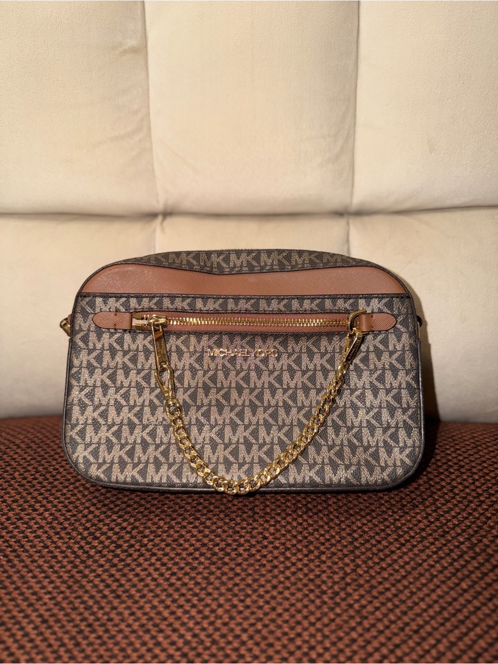 Michael Kors Brown MK Logo Crossbody with Gold Chain Accent
